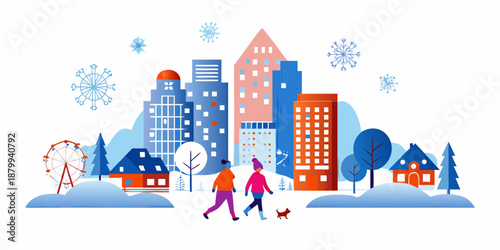 A winter cityscape with people walking and enjoying the snowy scenery