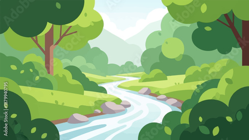 A winding river flows through a lush, green forest with rolling hills