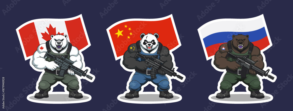 Naklejka premium Vector sticker set. Menacing armed beasts in military uniform. Wavy flags of Canada, China, and Russia. Polar bear, panda and grizzly. Automatic rifles.Collection. Wild animals