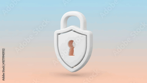 A white shield-shaped padlock with a keyhole in the center