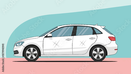 A white hatchback parked on a pink surface against a blue background