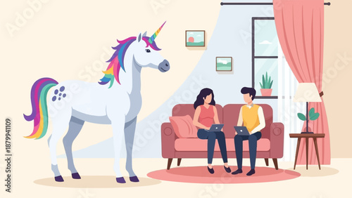 A whimsical unicorn stands near a couple working on laptops on a sofa