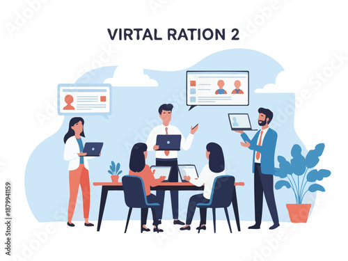 Modern virtual team collaboration in digital workspace with diverse professionals using computers and video conferencing technology