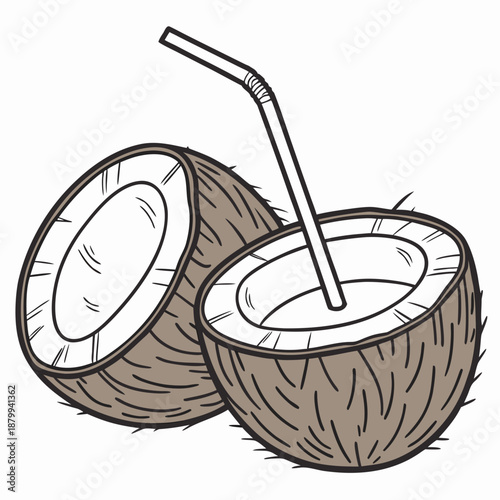 Fresh Coconut Water with Straw Vector Graphic on White