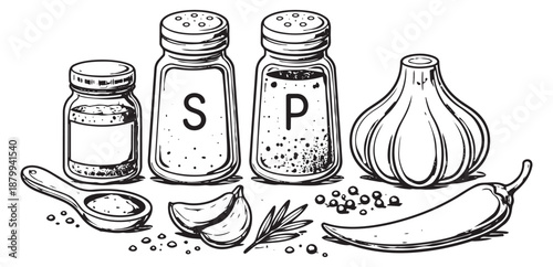 Hand drawn line art culinary ingredients set featuring salt and pepper shakers, garlic, chili pepper, and various spices for cooking