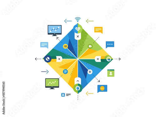 Modern digital technology icons connected with a central cloud symbol representing communication data and online connectivity