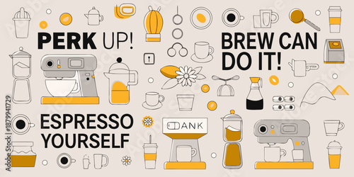 Coffee themed illustration with various brewing equipment and motivational phrases