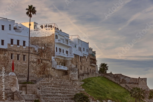 Houses in the medina built upon the city walls -dating mainly form the Portuguese period- overlooking the old port to the east . Tangier-Morocco-014
