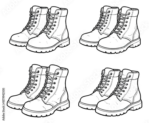 Hand drawn line art boots set featuring sturdy lace-up designs for workwear and outdoor activities