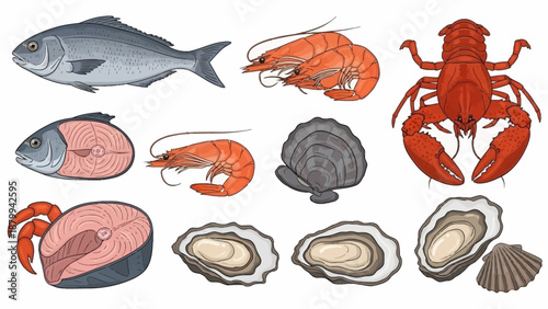 Assortment of Fresh Seafood - Fish, Lobster, Shrimp, and Oysters.
