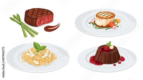 Diverse Culinary Delights - Steak, Scallops, Pasta, and Chocolate Dessert.