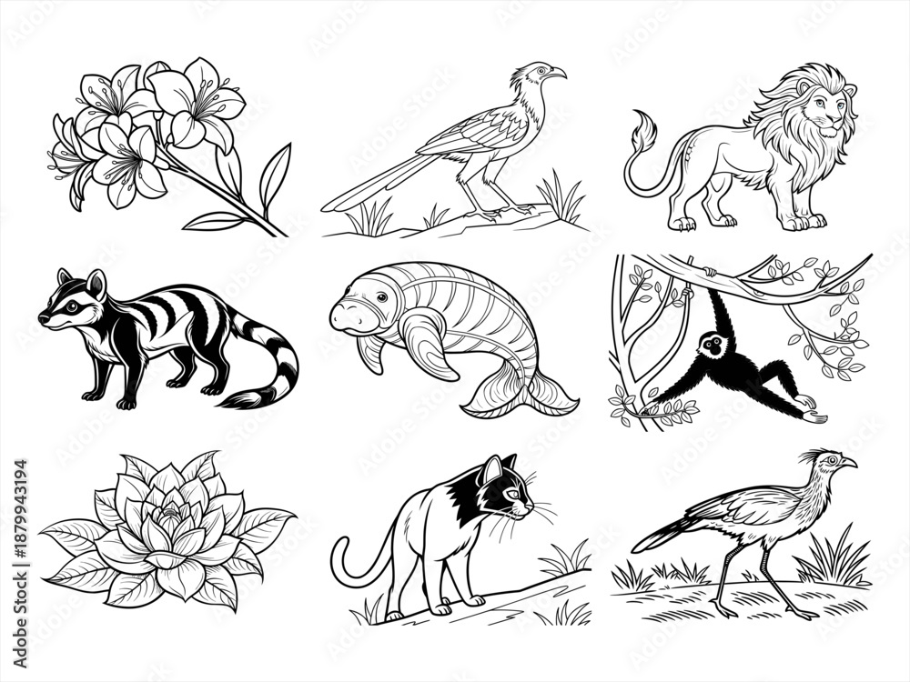 Naklejka premium coloring page line art the animal bird and flower black vector bundle