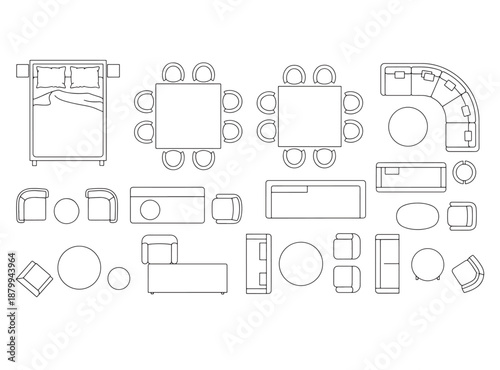 Mobiliario CAD en Vista Superior – Furniture Plan View Vector