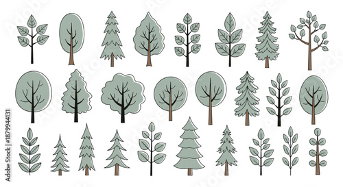 Assortment of diverse tree icons in soft green and gray tones showcases various shapes and sizes for nature-themed designs.