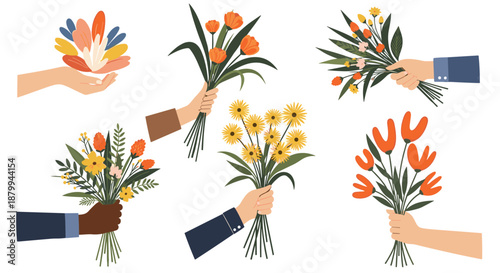 Various hands hold colorful bouquets of wildflowers including tulips and daisies against a simple white background scene.