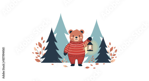 Cute bear wearing a red striped sweater holds a lit lantern while standing in a quiet forest of dark evergreen trees.