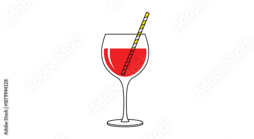 Elegant wine glass partially filled with vibrant red liquid featuring a yellow and white striped straw for a refreshing drink.