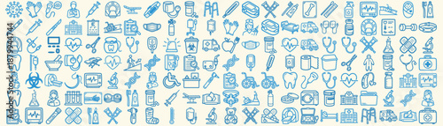 Flat line art medical icon set close up seamless pattern showing diverse healthcare symbols in blue outline and cream background