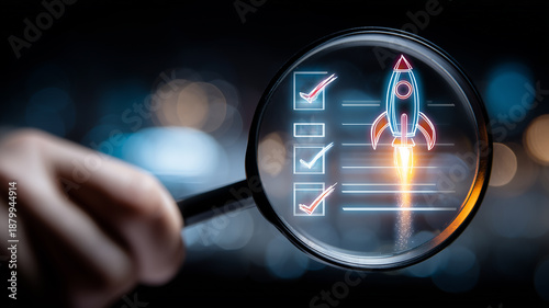 Magnifying glass inspecting a checklist with a rocket icon representing project validation and startup launch readiness.
