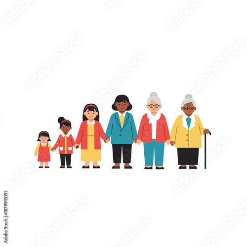 Diverse group of women representing different ages and ethnicities standing together, holding hands, symbolizing unity and generational connection.