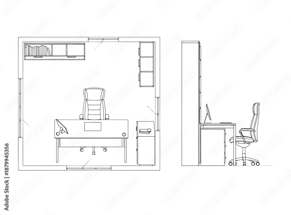Fototapeta premium 2D Home Office Floor Plan – CAD Layout with Furniture & Elevation