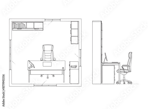 2D Home Office Floor Plan – CAD Layout with Furniture & Elevation