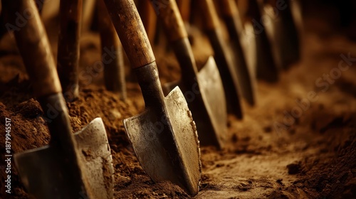Rows of weathered metal shovels with wooden handles rest in soil preparing for work