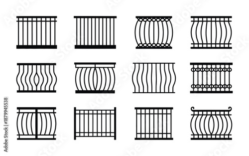 A comprehensive collection of diverse metal balcony railings and fences presented in a minimalist vector icon set
