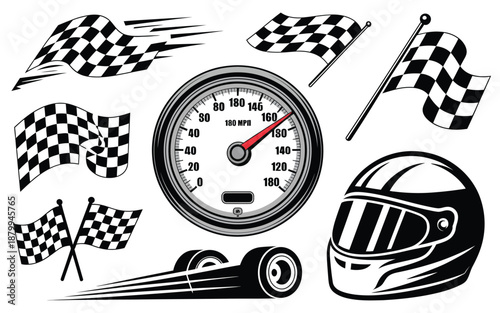 Racing flags, helmet, speedometer and dragster illustration, sports and competition concept