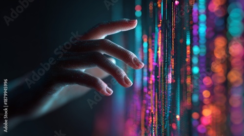 Hand touching interactive digital interface with data visualization