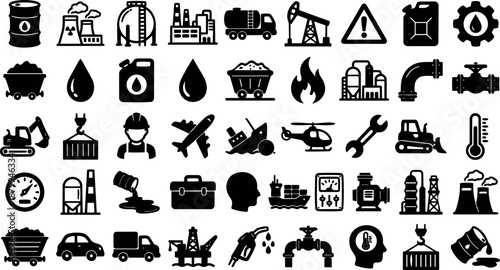Flat design industrial icon set close up black silhouette energy and oil symbols on white background vector graphics minimal grid icons