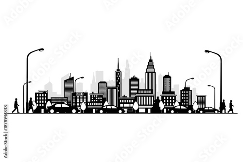 Urban cityscape panorama showcasing the silhouette of a modern metropolis with a busy street and pedestrian activity