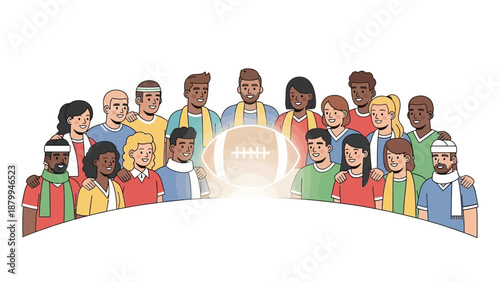 Diverse group of people wearing sports jerseys standing around a glowing American football, conveying excitement for the Super Bowl in a colorful illustration with a lively mood against a