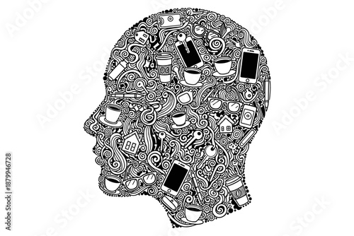 Intricate illustration depicting the complexities of the human mind, brimming with everyday thoughts, creative ideas, and elements of modern life