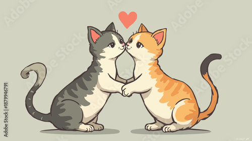Two adorable cartoon cats express affection with a kiss and a loving heart