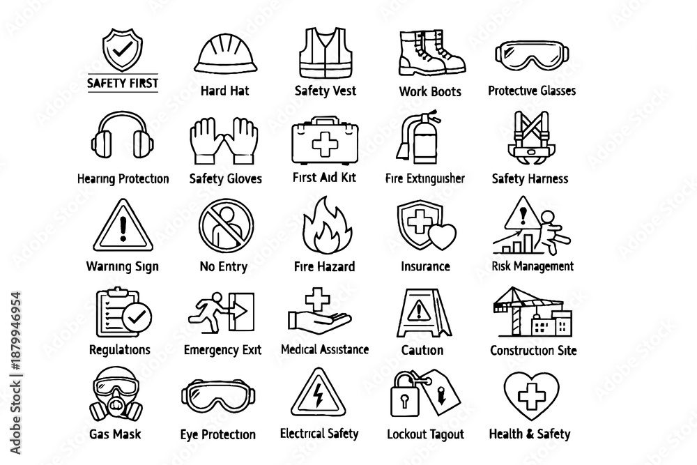 Obraz premium Construction Safety Line Icons Set