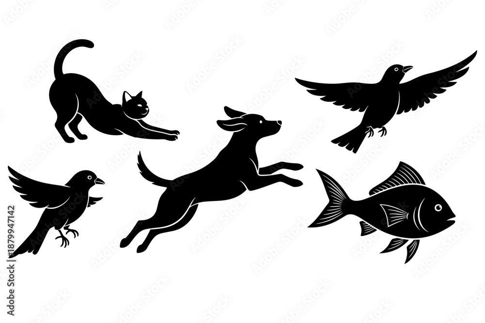 Fototapeta premium Collection of diverse animal silhouettes capturing dynamic movements of pets, wildlife, and aquatic creatures in a simple, graphic style
