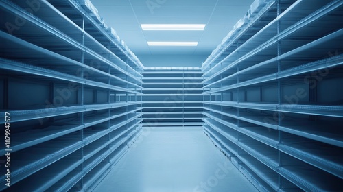 Rows of empty medical supply shelves in a clean storage room with overhead fluorescent lighting