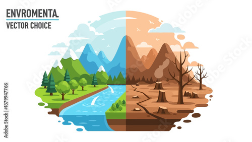 Vibrant green landscape contrasting with barren deforested land, illustrating environmental degradation and climate change impact.