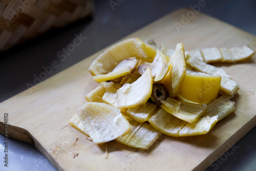 Close-up of chopped banana peels, an organic fertilizer in agriculture