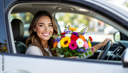 Smiling woman holding colorful bouquet while driving in car