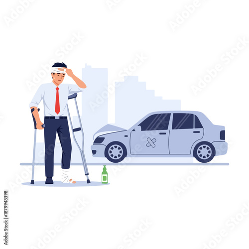 Man on crutches with car accident.