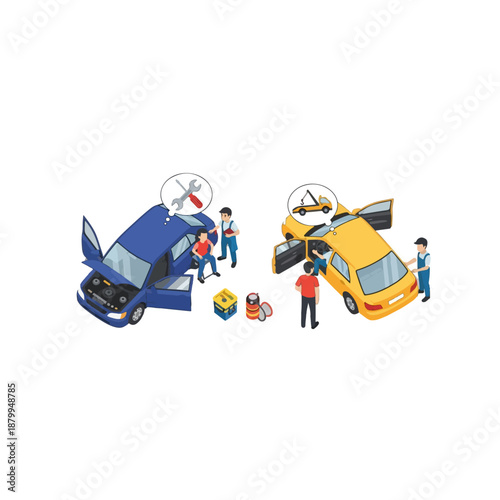 People fixing cars with tools outside.