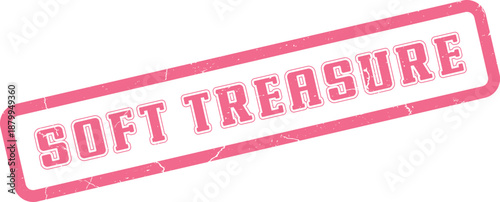 Distinctive pink grunge rubber stamp reading Soft Treasure for gentle valuable items on a clean white area