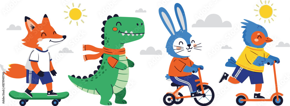 Naklejka premium Whimsical cartoon animals enjoying outdoor fun on various ride on toys