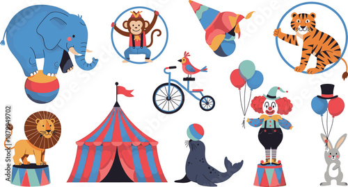 Vibrant circus animal and performer illustrations