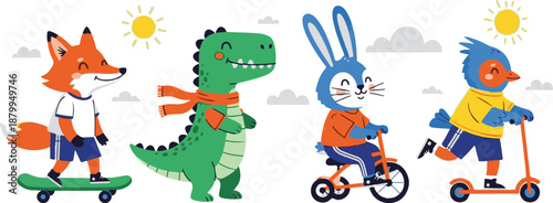 Whimsical cartoon animals enjoying outdoor fun on various ride on toys