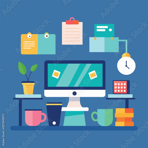 Flat illustration of modern office workspace with computer and desk items