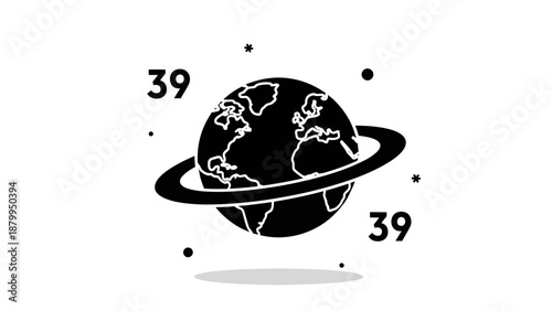 Minimal planet and space icon illustration featuring a stylized globe with rings, stars, and orbit symbols in a clean monochrome style. This modern cosmic graphic represents astronomy, science educati
