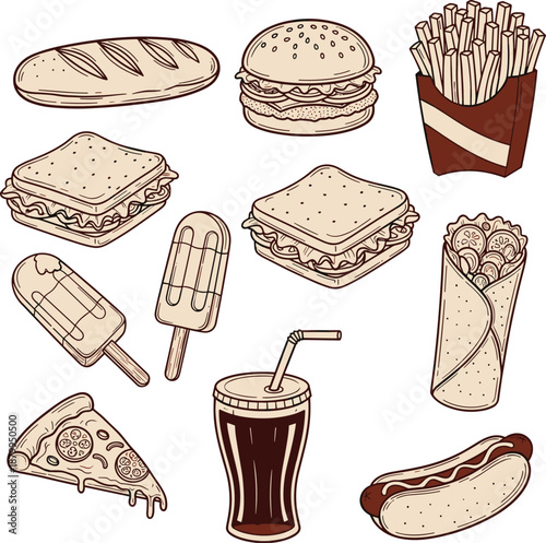 Playful Fast Food and Snack Icons Featuring Sandwiches, Pizza, Wraps, Popsicles, Burger, Fries, Bread, Hot Dog, Soda Cup